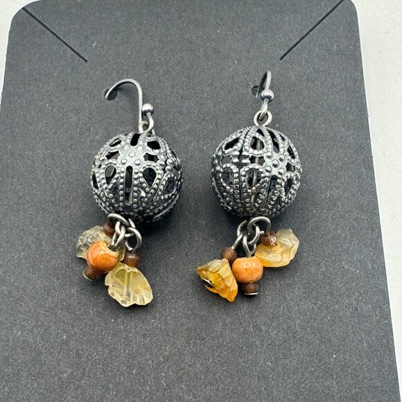 Antique Silver Filigree Ball Earrings With Amber & Citrine Gemstone Drops - Picture 1 of 3